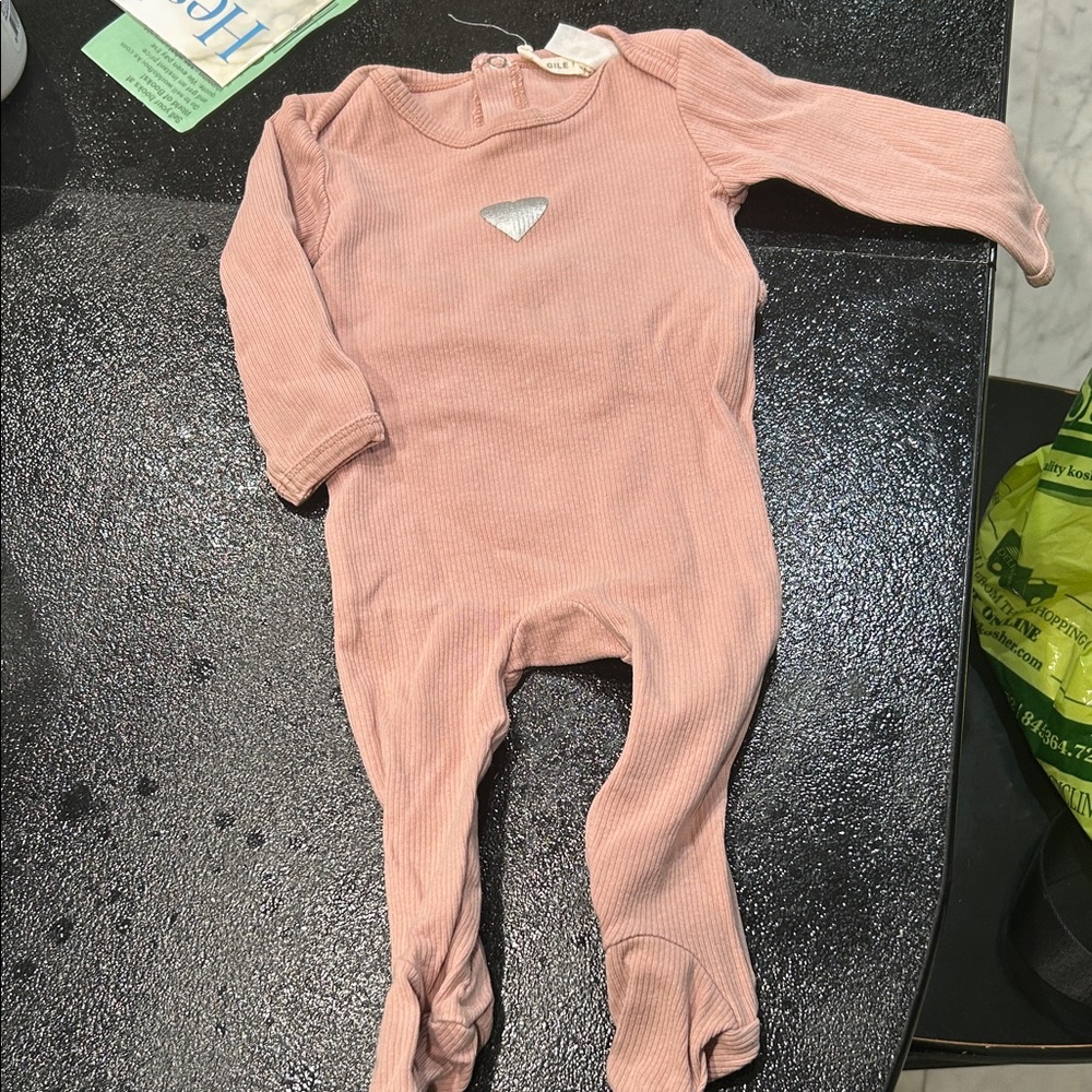 Fragile Pink 6m baby girl ribbed heart stretchie